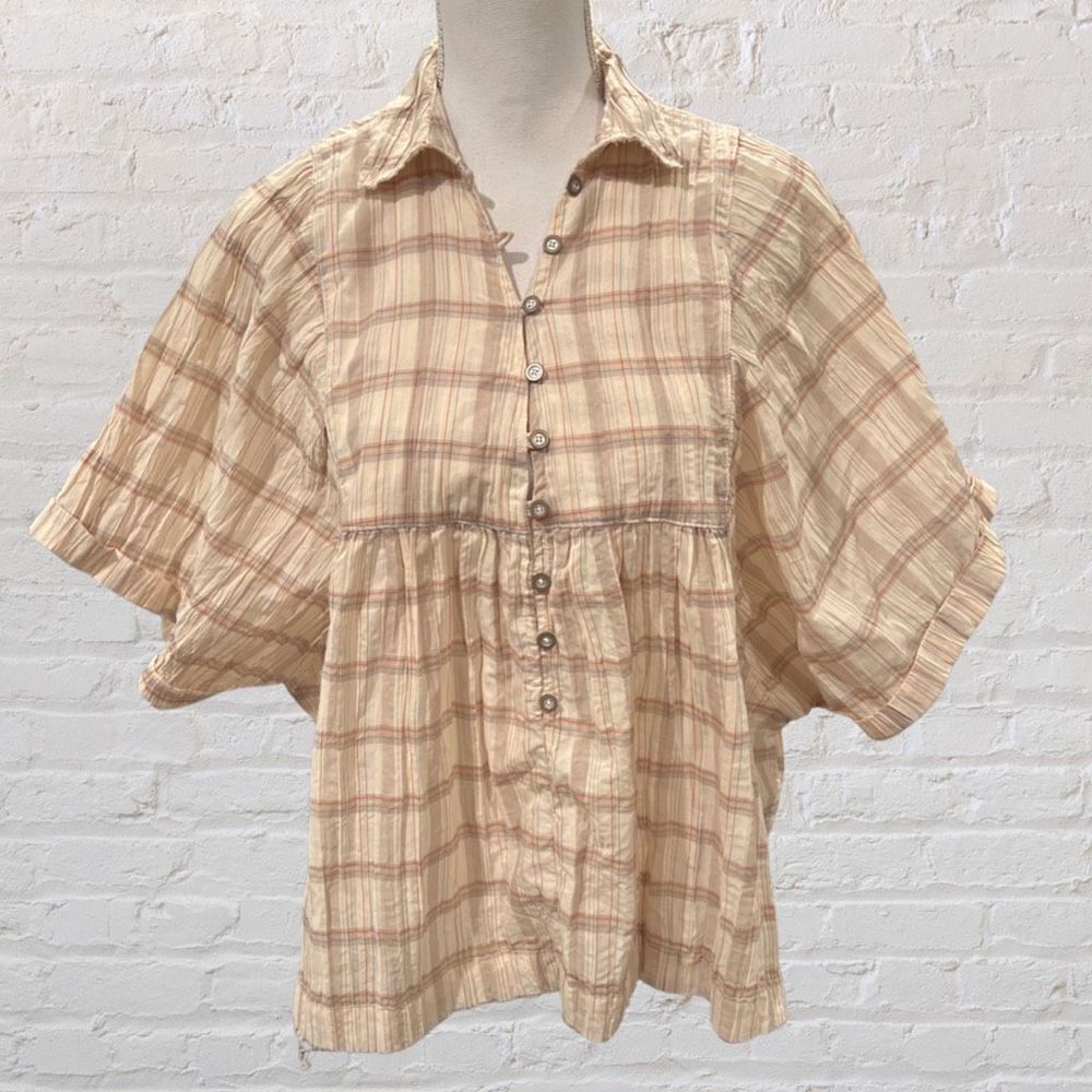 BDG Cream and Tan Plaid Short Sleeve Button-Up Blouse